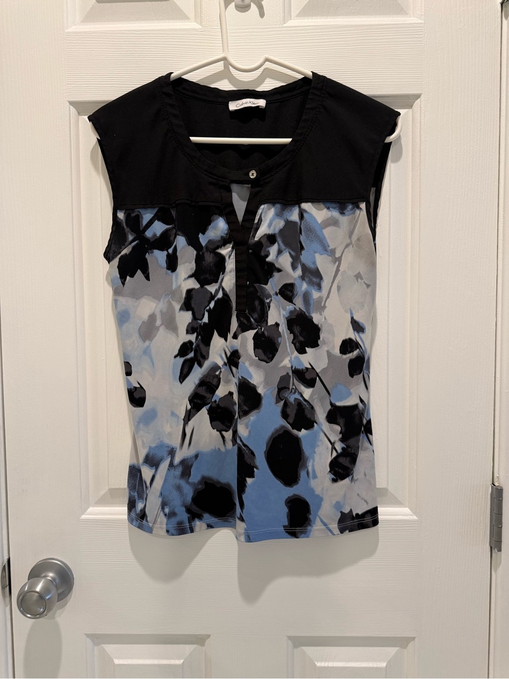 Calvin Klein Black and Blue Floral Yoke Sleeveless Top